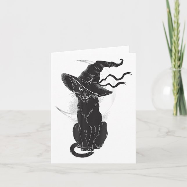 Carte Halloween Chat Noir Sorcière Casquette Lune (Devant)