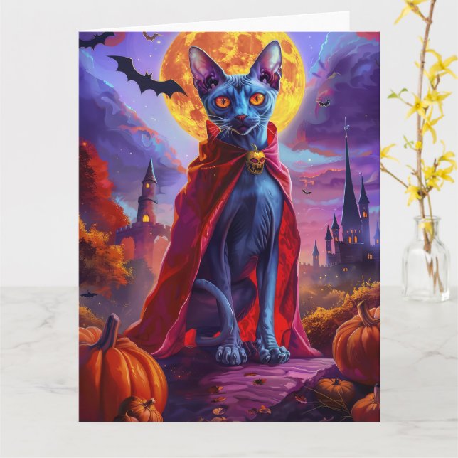 Carte Halloween Chat Oriental Bleu Vampire Citrouilles É (Fleur jaune)