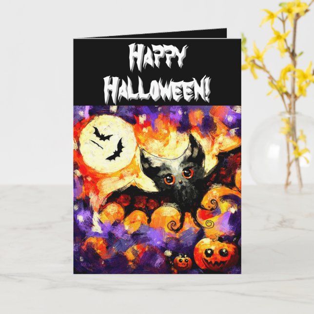 Carte Halloween chauve-souris et Jack-O-lanternes Person (Fleur jaune)