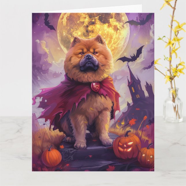 Carte Halloween Chow Chow Vampire Citrouilles effroi (Fleur jaune)