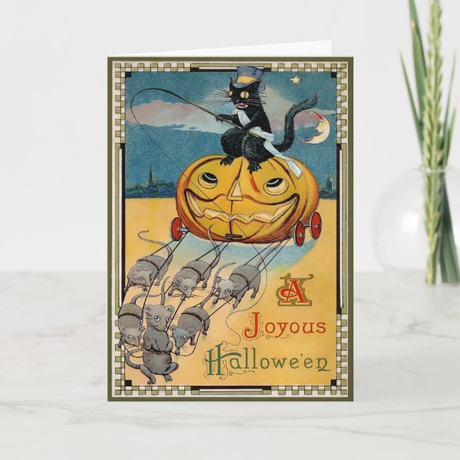 Carte Halloween Citrouille à Cheval sur Chat Rétro (Devant)