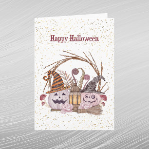 Carte Halloween Citrouille rose Lanterne Champignons Flo