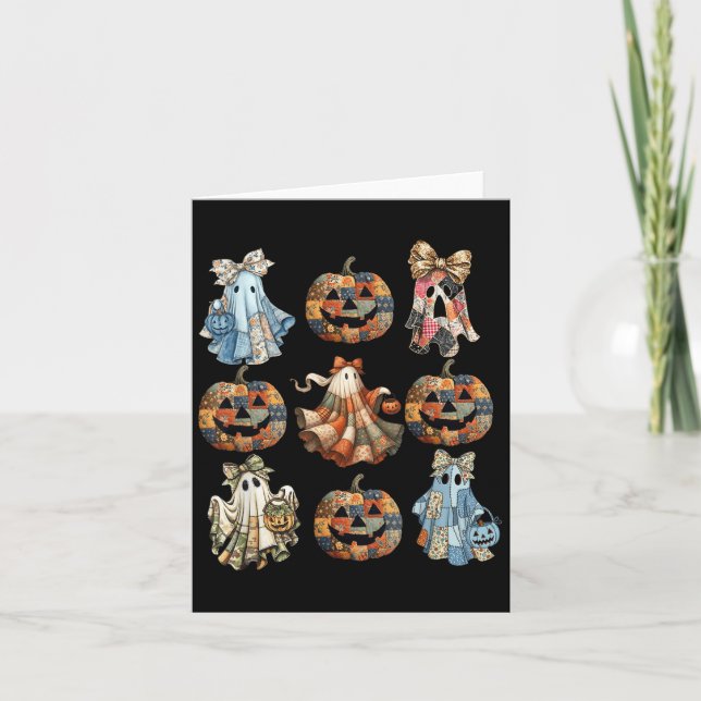 Carte Halloween Coquette Bow Citrouille Ghost Patchwork  (Devant)