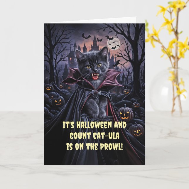 Carte Halloween Cute Dracula Vampire Chat Kitten (Fleur jaune)