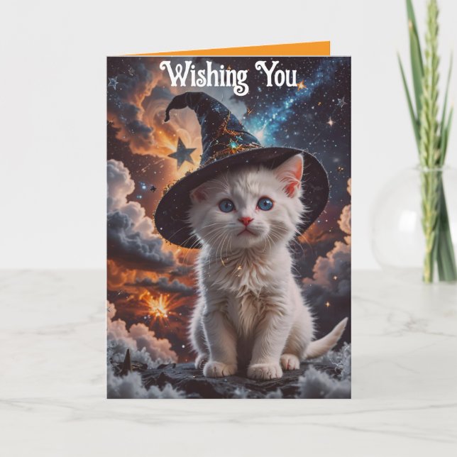 Carte Halloween de chaton dans un chapeau de sorci (Devant)