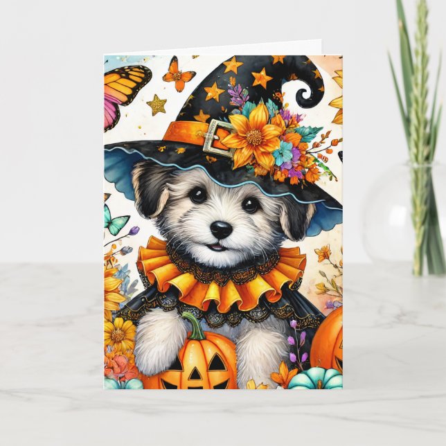 Carte Halloween de chiot maltais sorcière (Devant)