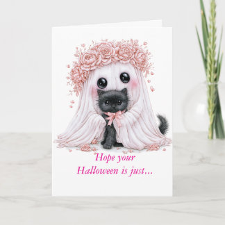 Carte Halloween de fantôme et chaton adorable
