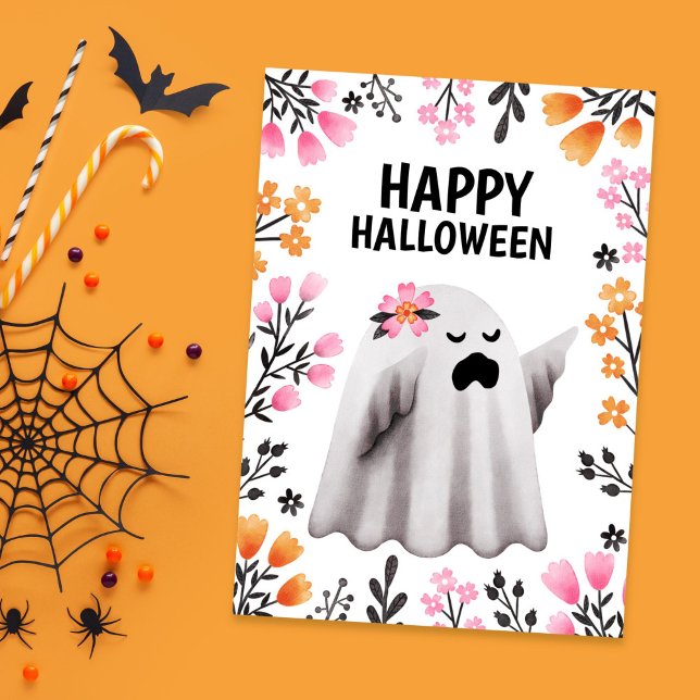 Carte Halloween de fantôme mignon avec florales pa (Cute Ghost Halloween Card with Pastel Florals)