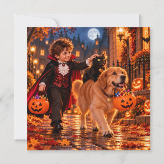 Carte Halloween de garçon vampire et animaux de co