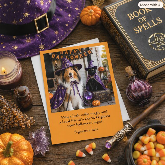 Carte Halloween de sorcier de Collie et chat migno (Créateur téléchargé)