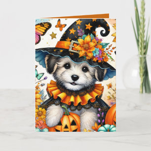 Carte Halloween de sorcière avec un chiot maltais