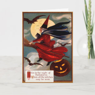 Carte Halloween de sorcière volante vintage