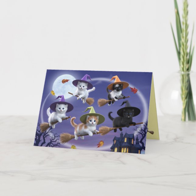 Carte Halloween de sorcières chatons mignons (Devant)