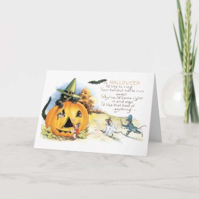 Carte Halloween démodé, chat noir & souris (Devant)