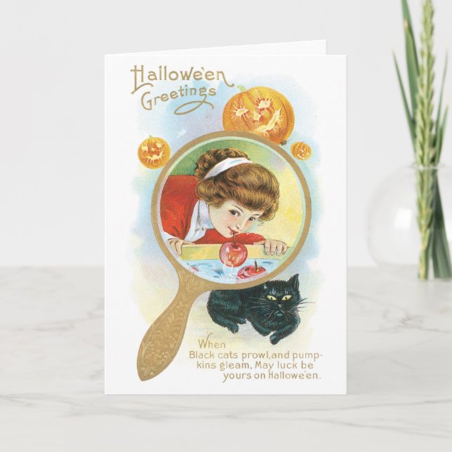 Carte Halloween démodé, Fille et chat noir (Devant)