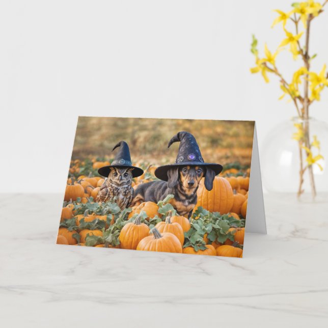 Carte Halloween drôle avec chouette chouette et dachshun (Fleur jaune)