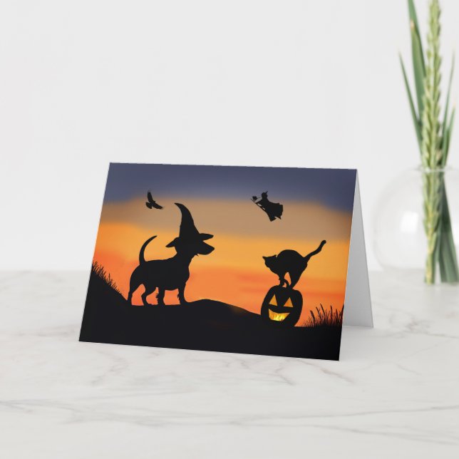 Carte Halloween drôle avec Dachshund Chien Sorcière Corb (Devant)