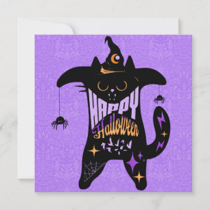 Carte Halloween drôle de sorcière chat noir rétro