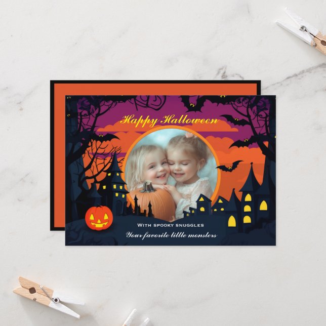 Carte Halloween Éffrayant Snuggle Castle (Devant/Arrière en situation)