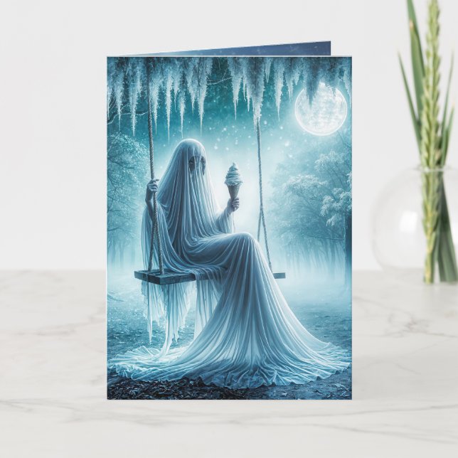Carte Halloween Fantôme Manger Un Cône De Crème Glaciair (Devant)