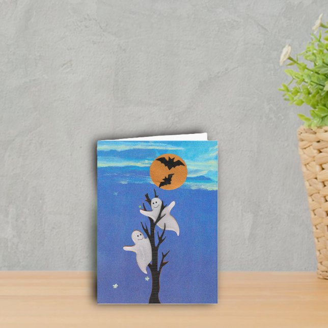 Carte Halloween Fantômes dans un Arbre (Two cute ghosts in tree orange moon with bats blue night sky stars on Halloween notecard.)