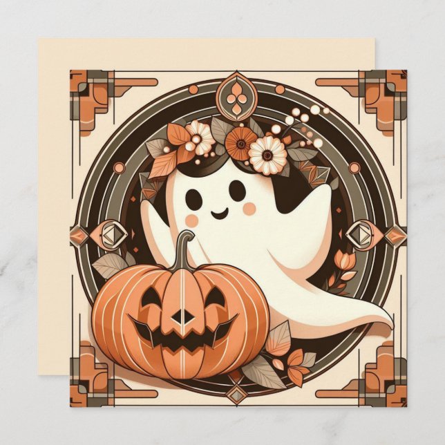 Carte Halloween Ghost et Jack-o'lantern Éffrayant (Devant / Derrière)