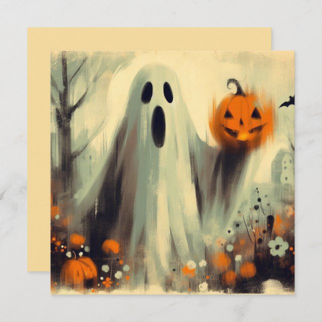 Carte Halloween Ghost et Jack-o'lantern Éffrayant (Devant / Derrière)