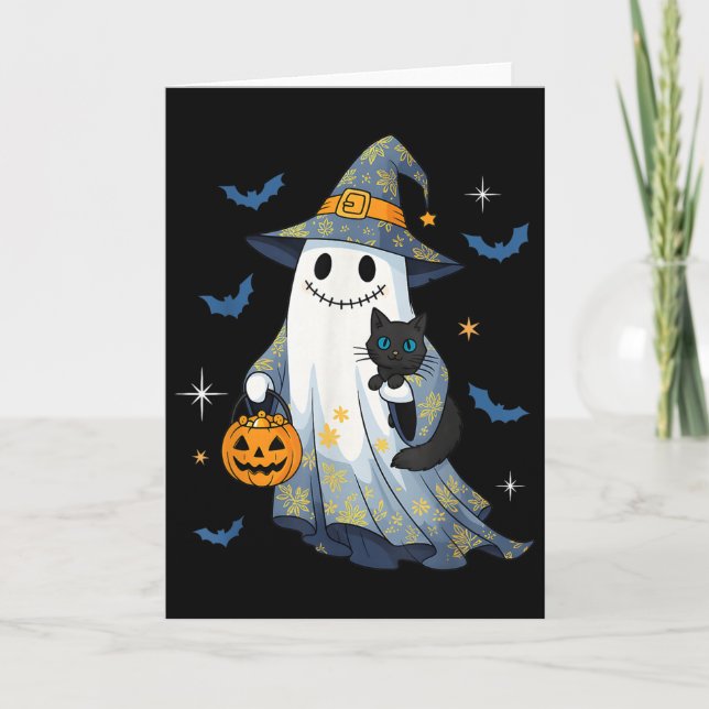 Carte Halloween Ghost Witch Holding Black Cat Funny Hall (Devant)