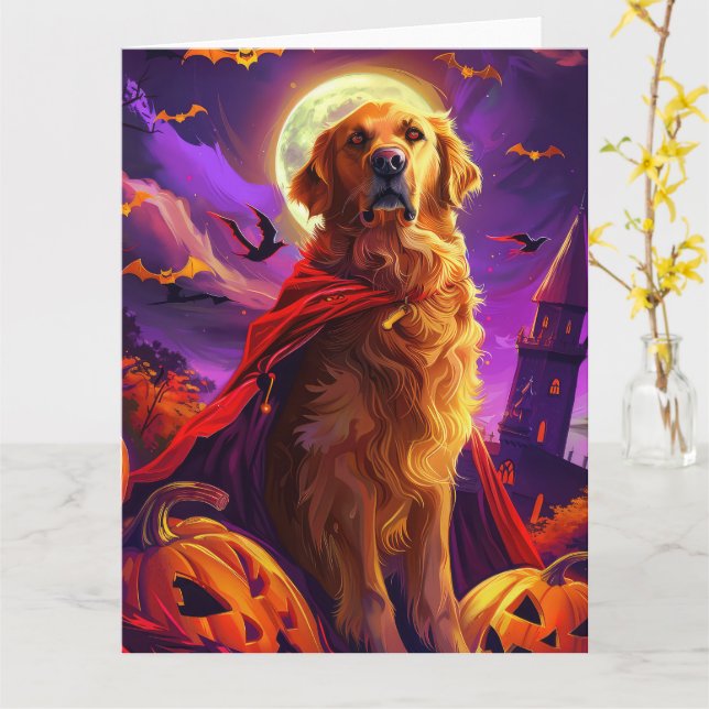 Carte Halloween Golden Retriever Vampire Citrouilles eff (Fleur jaune)