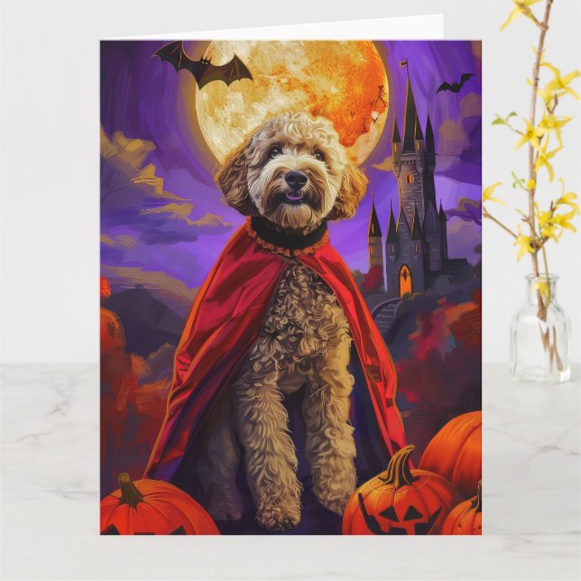 Carte Halloween Goldendoodle Vampire Citrouilles Épouvan (Fleur jaune)
