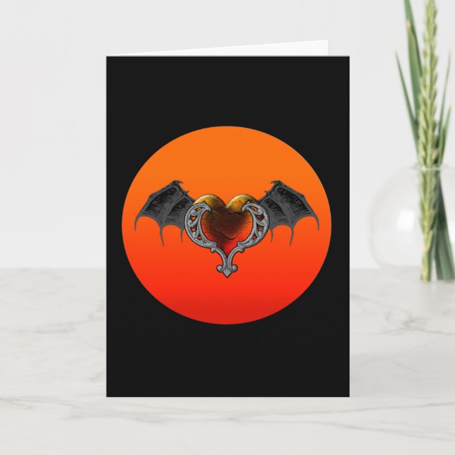 Carte Halloween Goth Orange Heart avec Bat Wings Card (Devant)