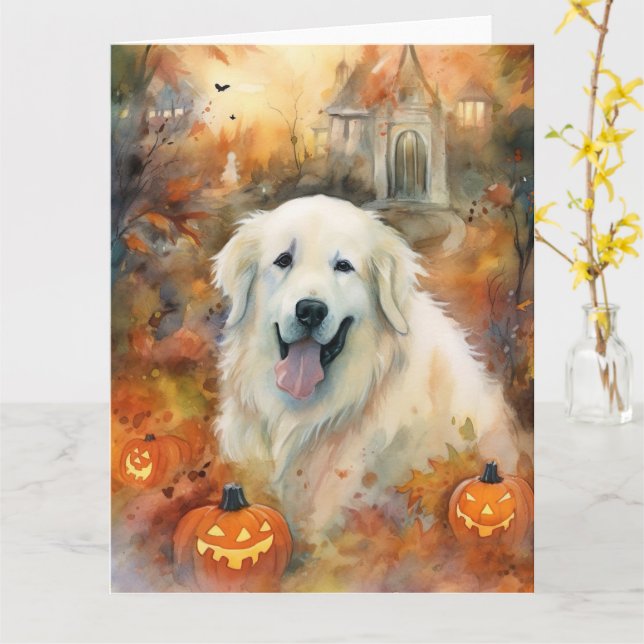 Carte Halloween Great Pyrenees avec citrouilles épouvant (Fleur jaune)