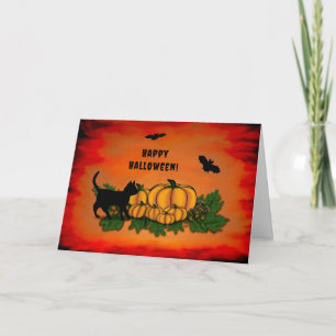 Carte Halloween heureux, Chat noir, Chat et Citrouille