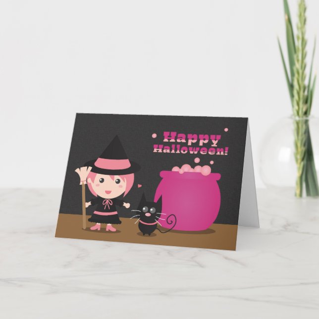 Carte Halloween heureux, sorcière rose mignonne et chat  (Devant)