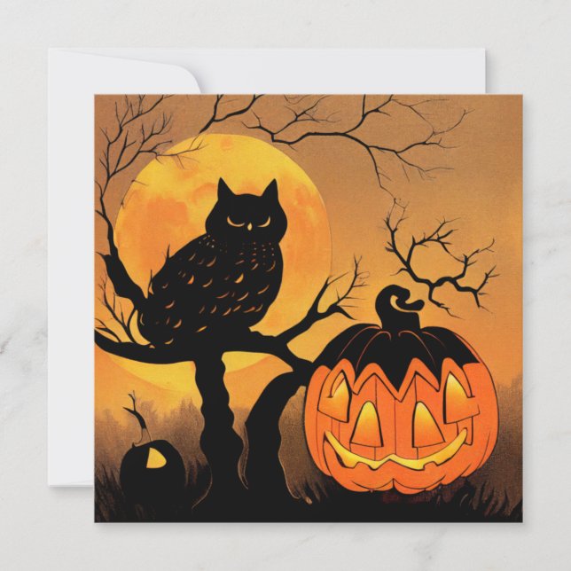 Carte Halloween. Hibou dans l'arbre avec une citrouille. (Devant)