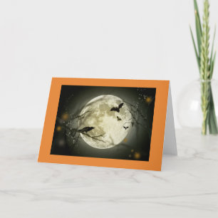 Carte Halloween illustrant une pleine lune, et cha
