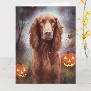 Carte Halloween Irish Red Setter avec citrouilles effray