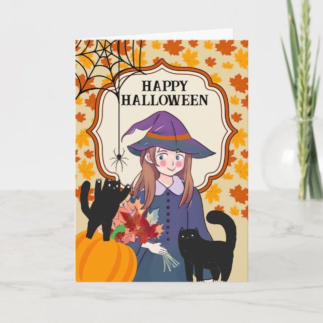 Carte Halloween jolie sorcière avec chats et araignée (Devant)