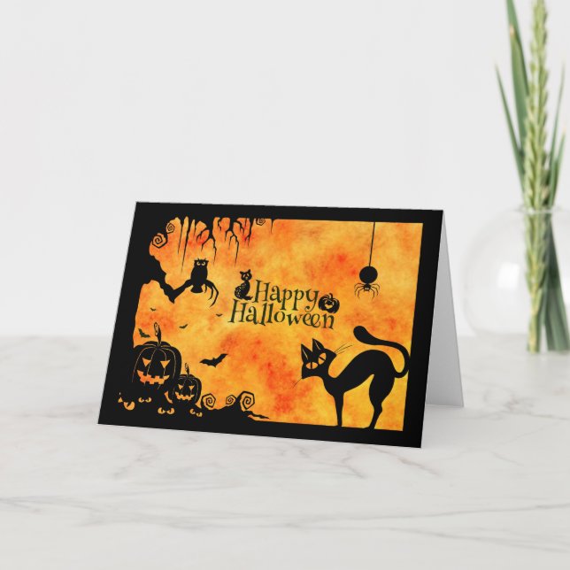 Carte Halloween joyeux Silhouette Chat noir et amis (Devant)