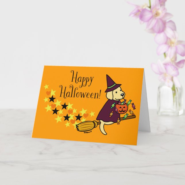 Carte Halloween Labrador jaune et balai (Orchidée)