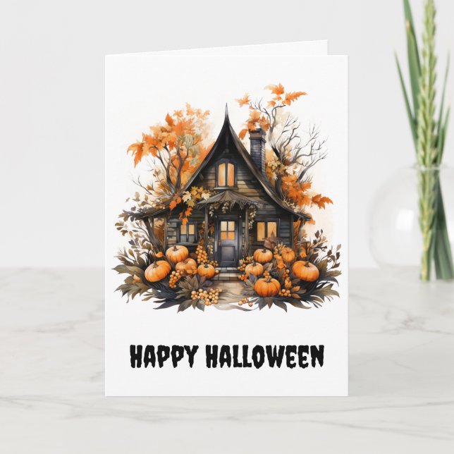 Carte Halloween Maison hantée avec Citrouilles & Foliage (Devant)