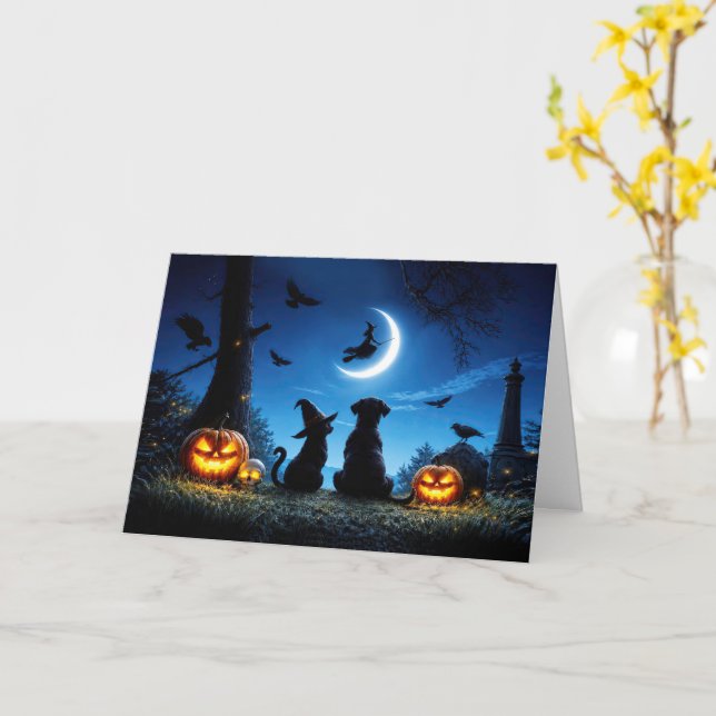 Carte Halloween Mignon avec Sorcière et Chat et Chien de (Fleur jaune)