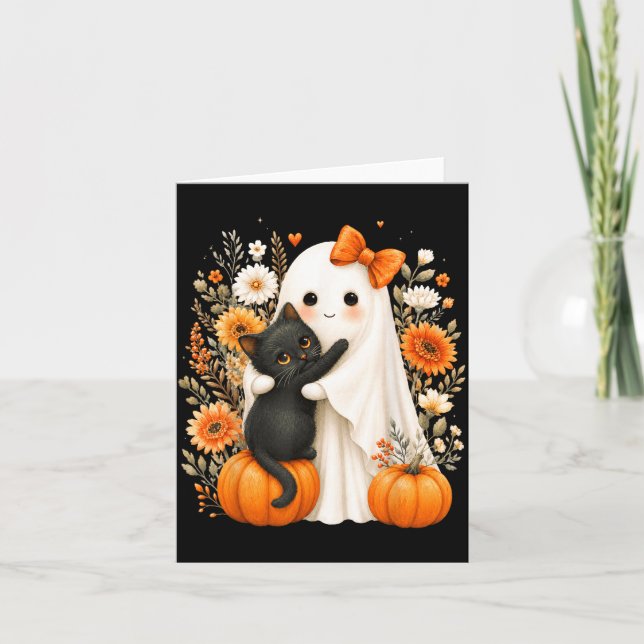 Carte Halloween Mignon Fantôme Chat Noir Citrouille Flor (Devant)