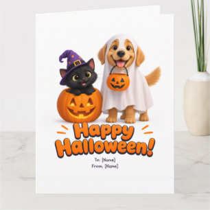 Carte Halloween mignonne Chien & Chat Citrouille F