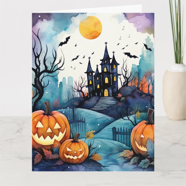 Carte Halloween Night Jack O’Lanterns Bats Lune Fantôme (Devant)