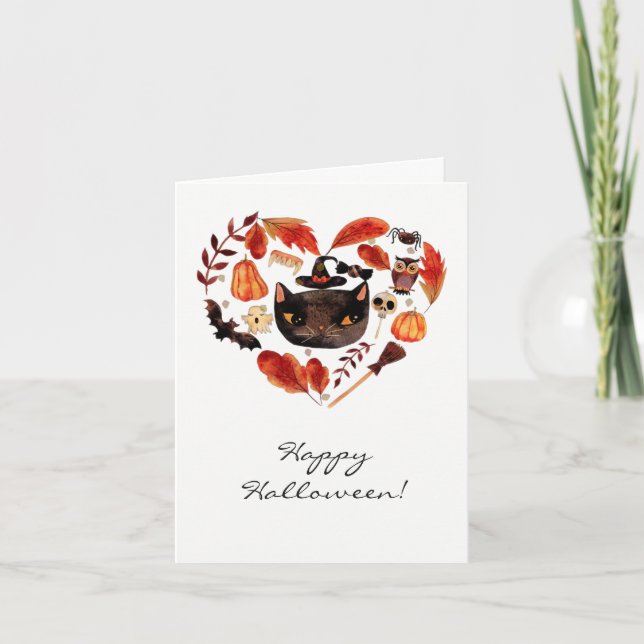 Carte Halloween Party Chat noir Aquarelle Whimsical (Devant)
