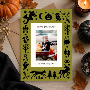 Carte Halloween personnalisée Olive Green Folk Art