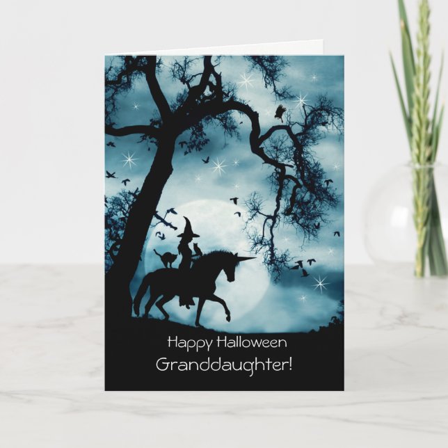 Carte Halloween petite-fille avec sorcière et licorne (Devant)