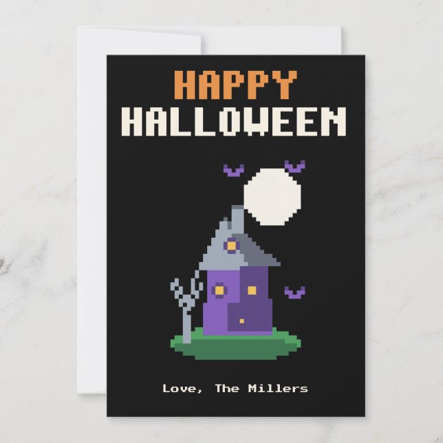 Carte Halloween pixel art de maison hantée (Devant)