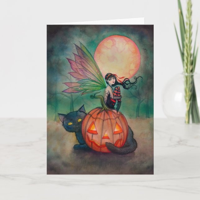 Carte Halloween Pixie Fairy et Black Cat Imaginaire Art (Devant)